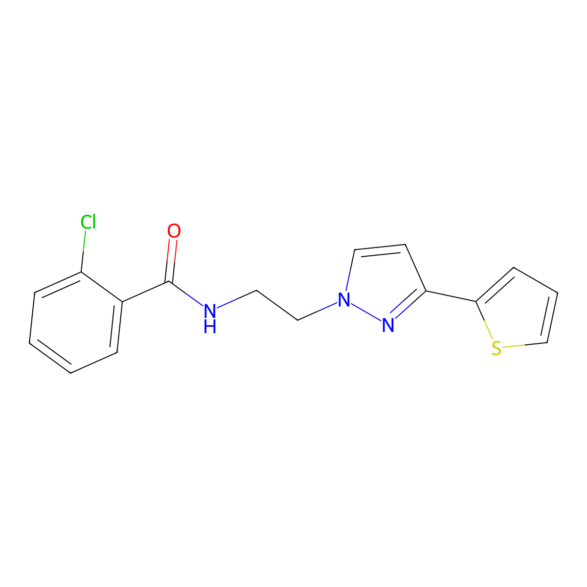2-chloro-N-(2-(3-(thiophen-2-yl)-1H-pyrazol-1-yl)ethyl)benzamide molecular structure, CAS 1448059-77-5