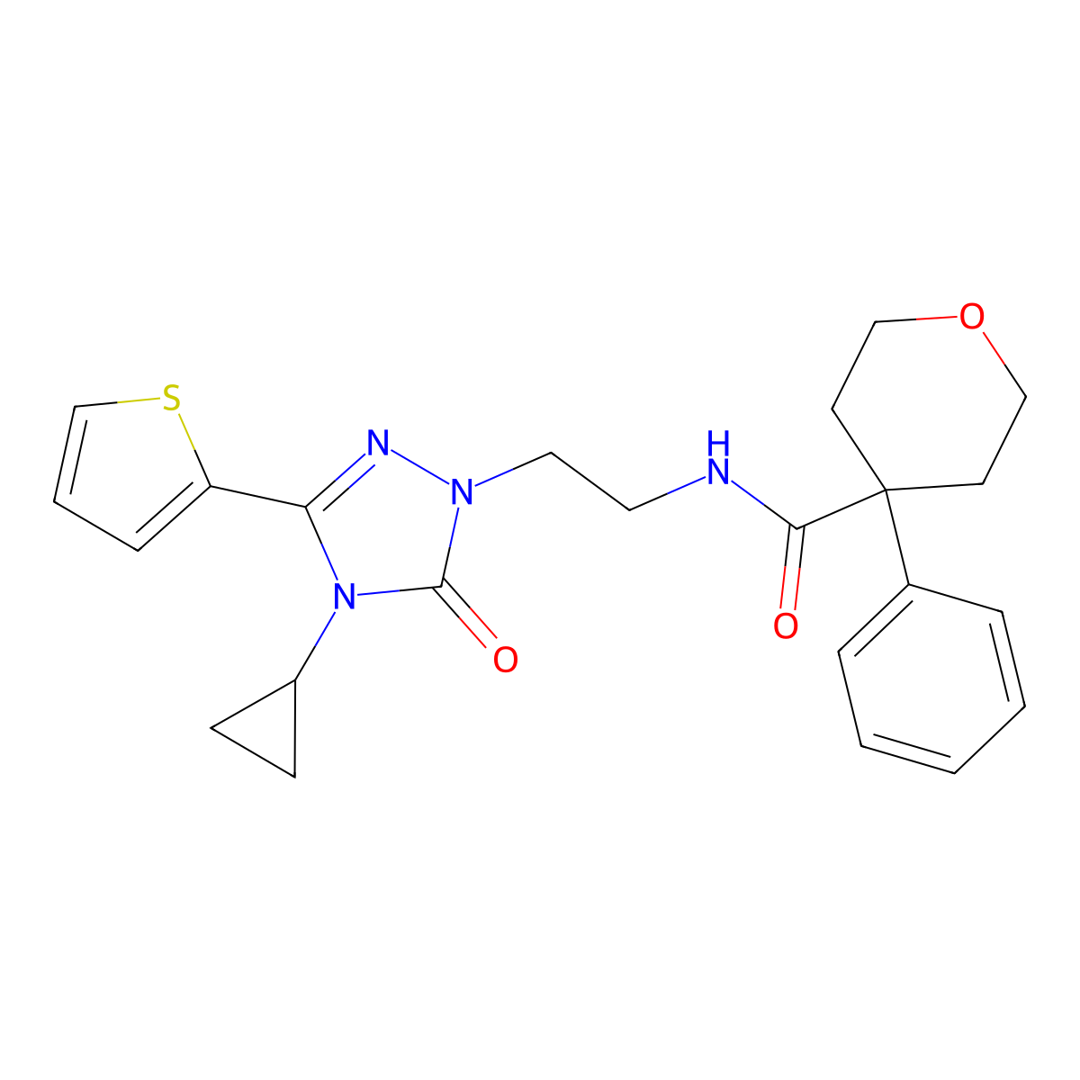 N-(2-(4-cyclopropyl-5-oxo-3-(thiophen-2-yl)-4,5-dihydro-1H-1,2,4-triazol-1-yl)ethyl)-4-phenyltetrahydro-2H-pyran-4-carboxamide molecular structure, CAS 1448059-85-5