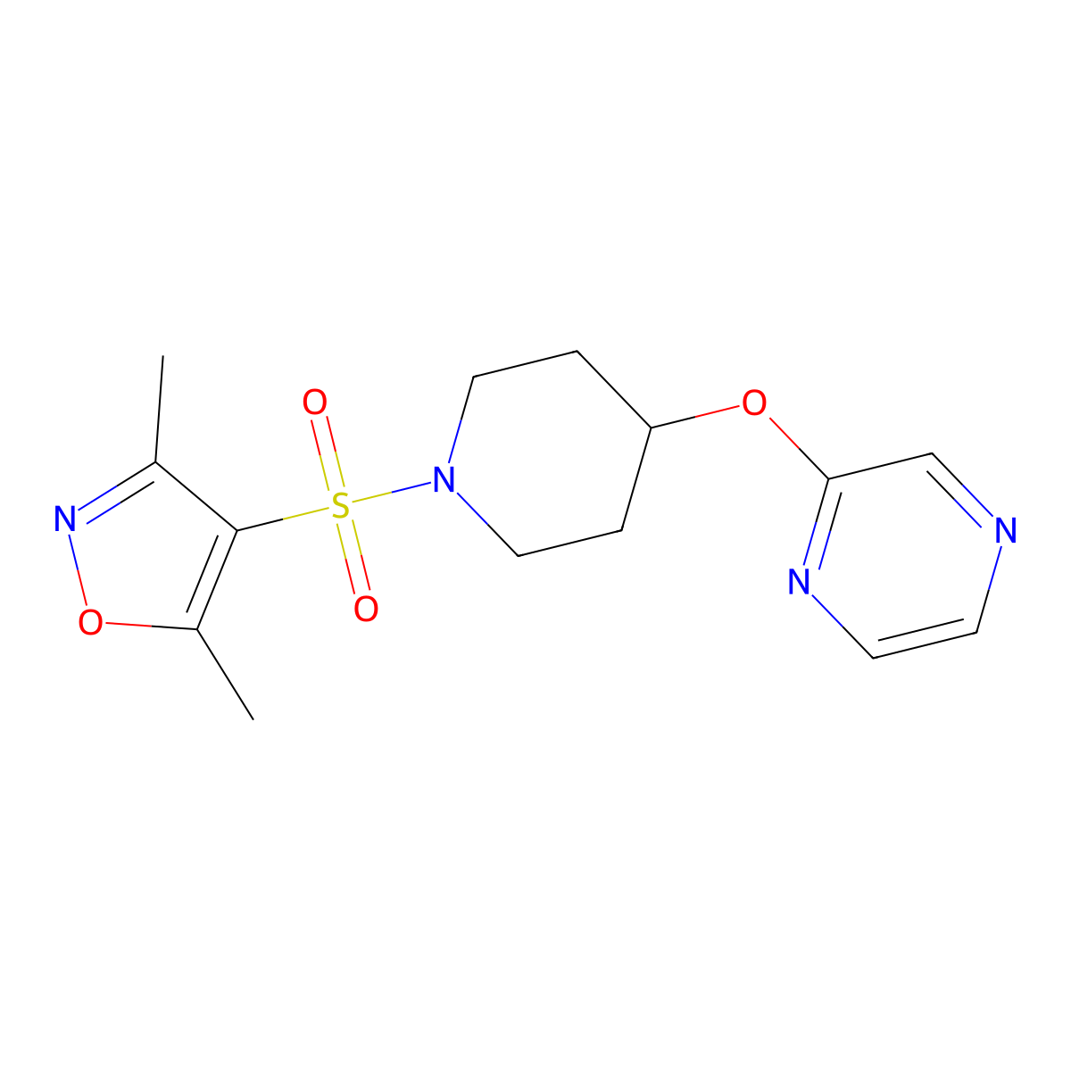 3,5-Dimethyl-4-((4-(pyrazin-2-yloxy)piperidin-1-yl)sulfonyl)isoxazole molecular structure, CAS 1448059-86-6