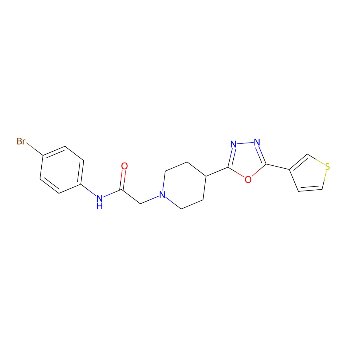 N-(4-bromophenyl)-2-(4-(5-(thiophen-3-yl)-1,3,4-oxadiazol-2-yl)piperidin-1-yl)acetamide molecular structure, CAS 1448059-91-3