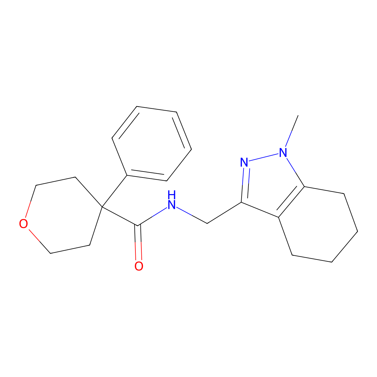 N-((1-methyl-4,5,6,7-tetrahydro-1H-indazol-3-yl)methyl)-4-phenyltetrahydro-2H-pyran-4-carboxamide molecular structure, CAS 1448059-95-7