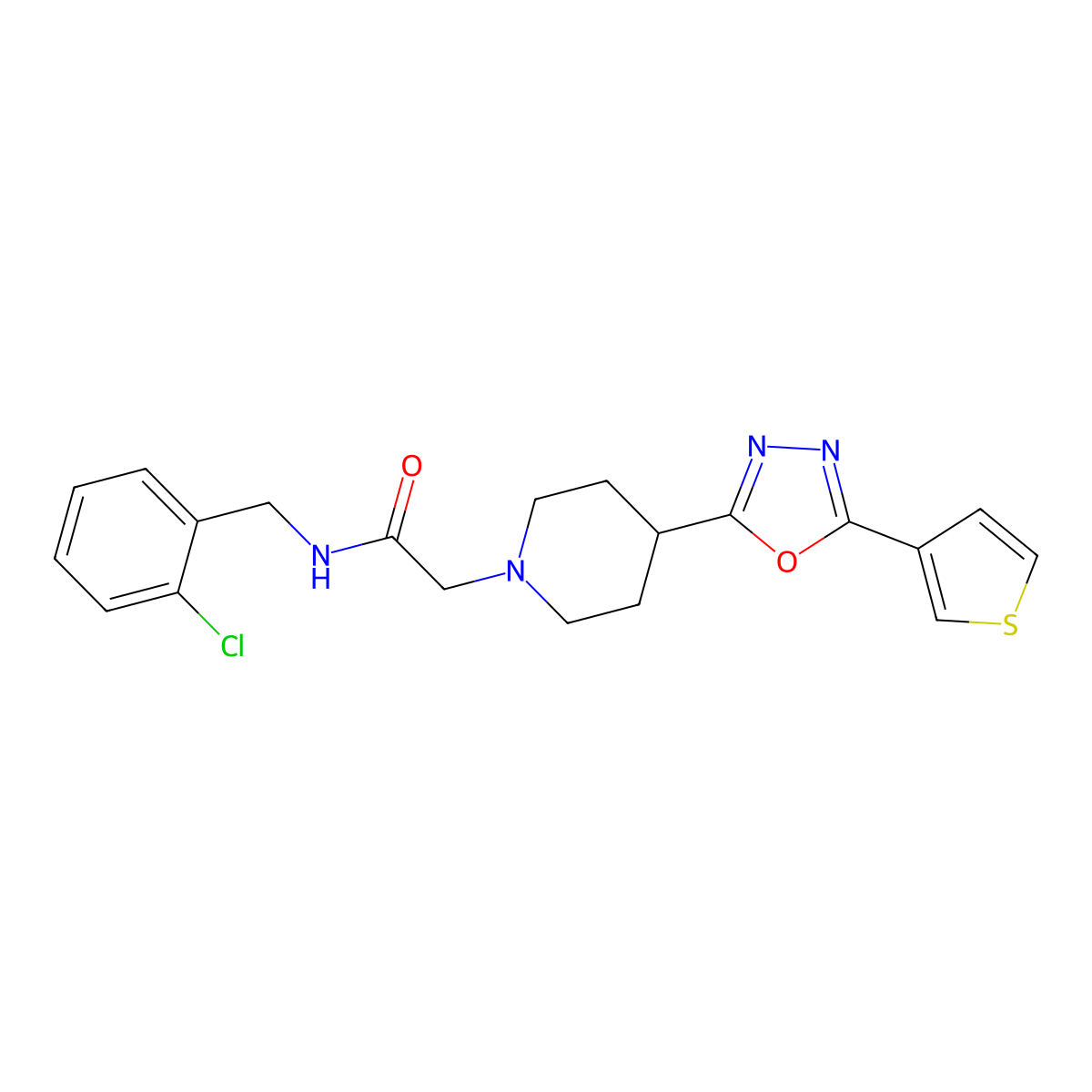 N-(2-chlorobenzyl)-2-(4-(5-(thiophen-3-yl)-1,3,4-oxadiazol-2-yl)piperidin-1-yl)acetamide molecular structure, CAS 1448060-02-3