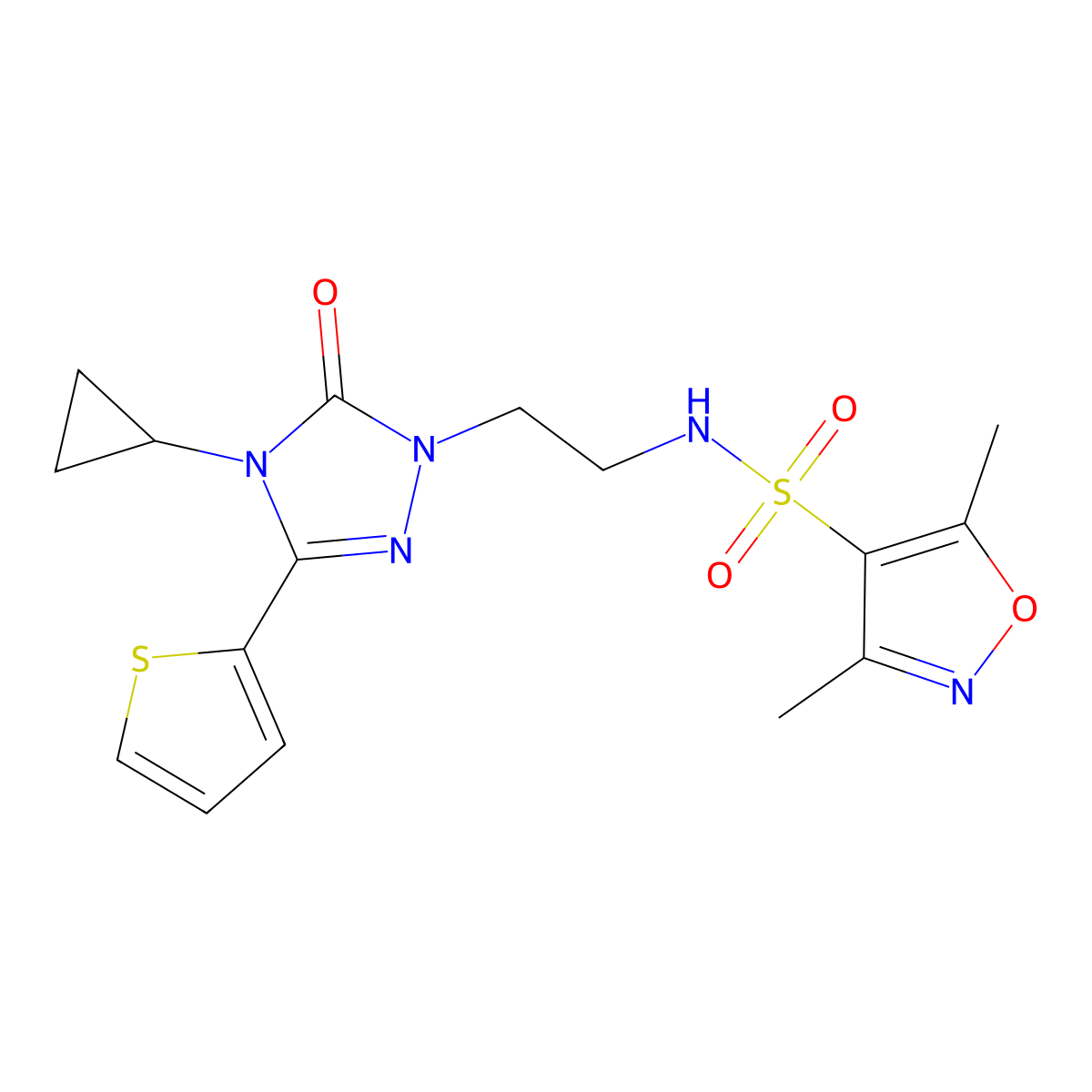 N-(2-(4-cyclopropyl-5-oxo-3-(thiophen-2-yl)-4,5-dihydro-1H-1,2,4-triazol-1-yl)ethyl)-3,5-dimethylisoxazole-4-sulfonamide molecular structure, CAS 1448060-05-6
