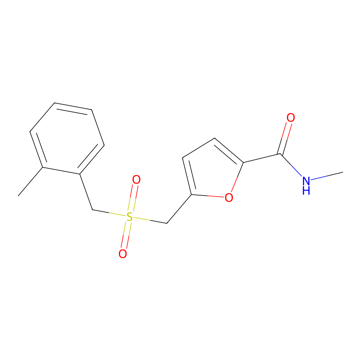 N-methyl-5-(((2-methylbenzyl)sulfonyl)methyl)furan-2-carboxamide molecular structure, CAS 1448060-15-8
