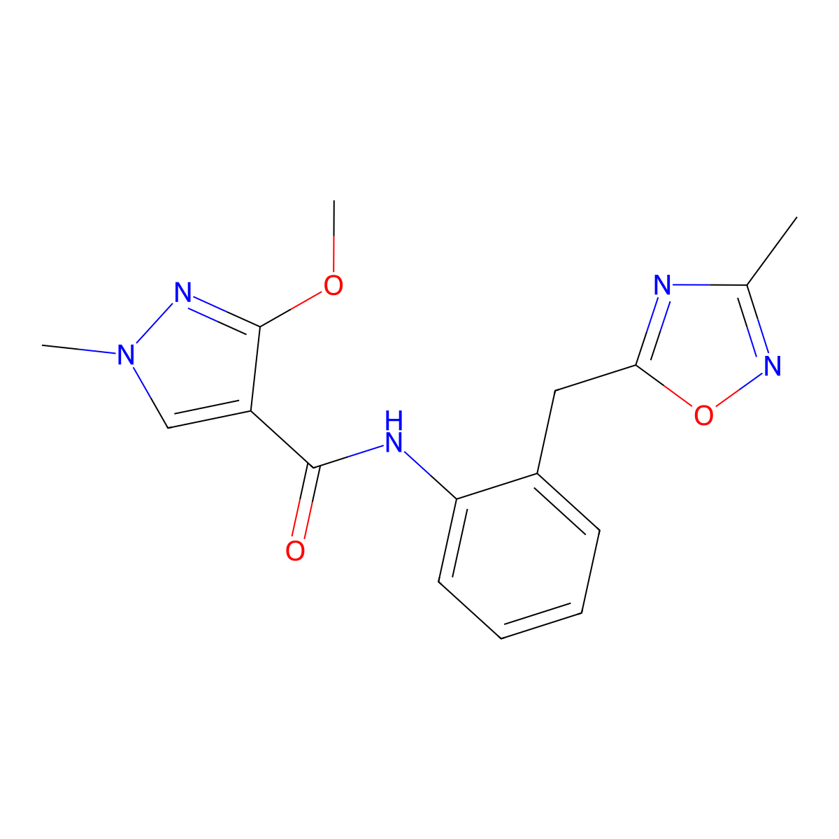 3-methoxy-1-methyl-N-{2-[(3-methyl-1,2,4-oxadiazol-5-yl)methyl]phenyl}-1H-pyrazole-4-carboxamide molecular structure, CAS 1448060-22-7