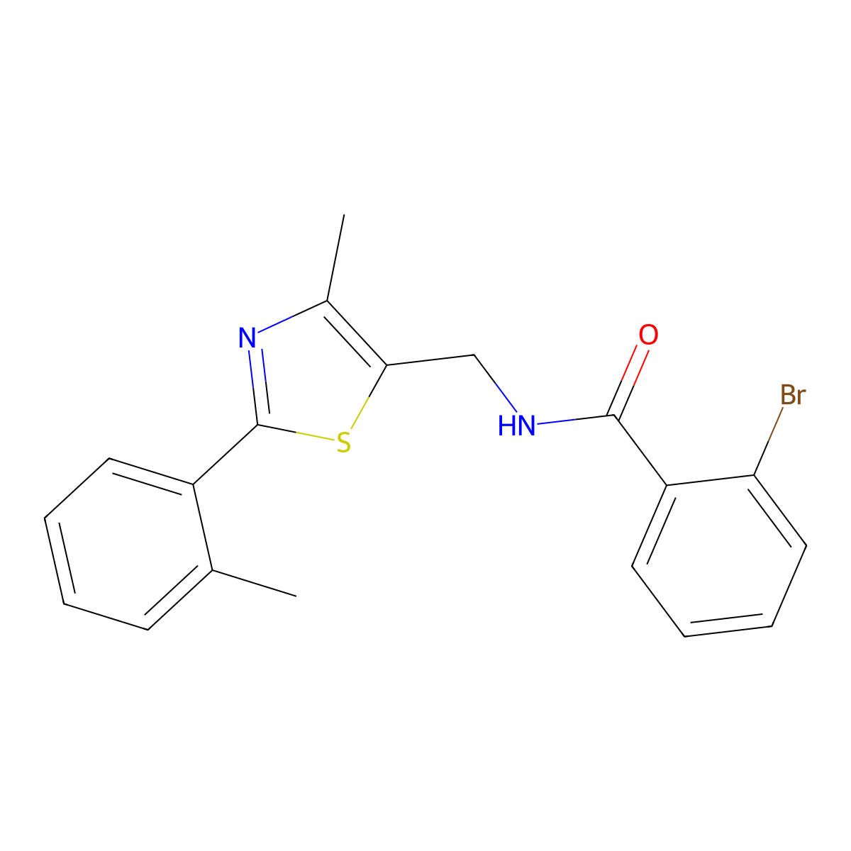 2-bromo-N-((4-methyl-2-(o-tolyl)thiazol-5-yl)methyl)benzamide molecular structure, CAS 1448060-26-1