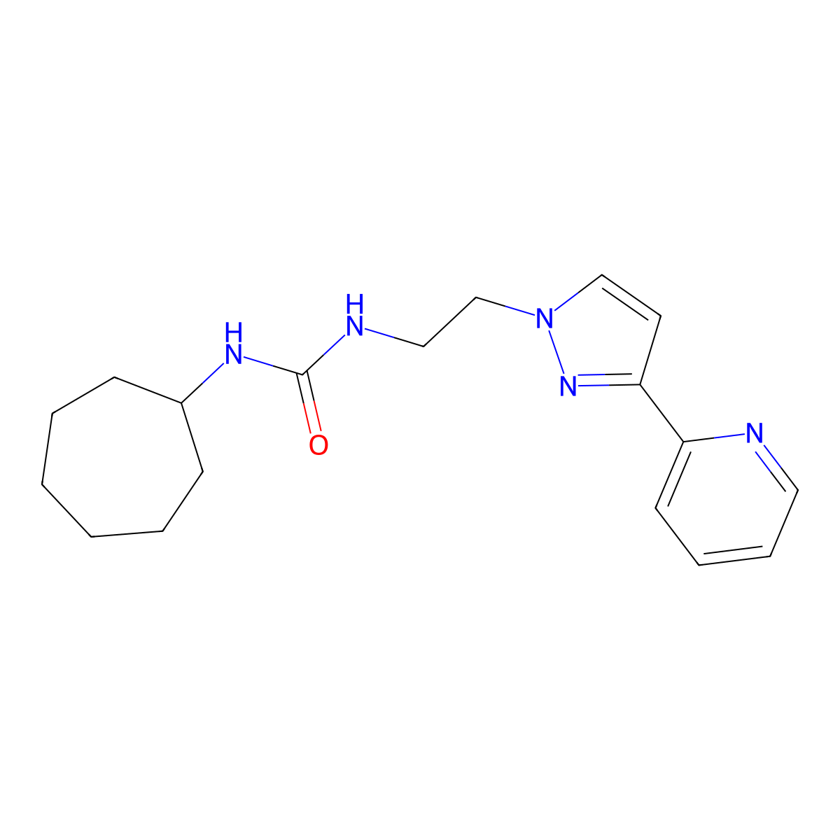 1-cycloheptyl-3-{2-[3-(pyridin-2-yl)-1H-pyrazol-1-yl]ethyl}urea molecular structure, CAS 1448060-28-3