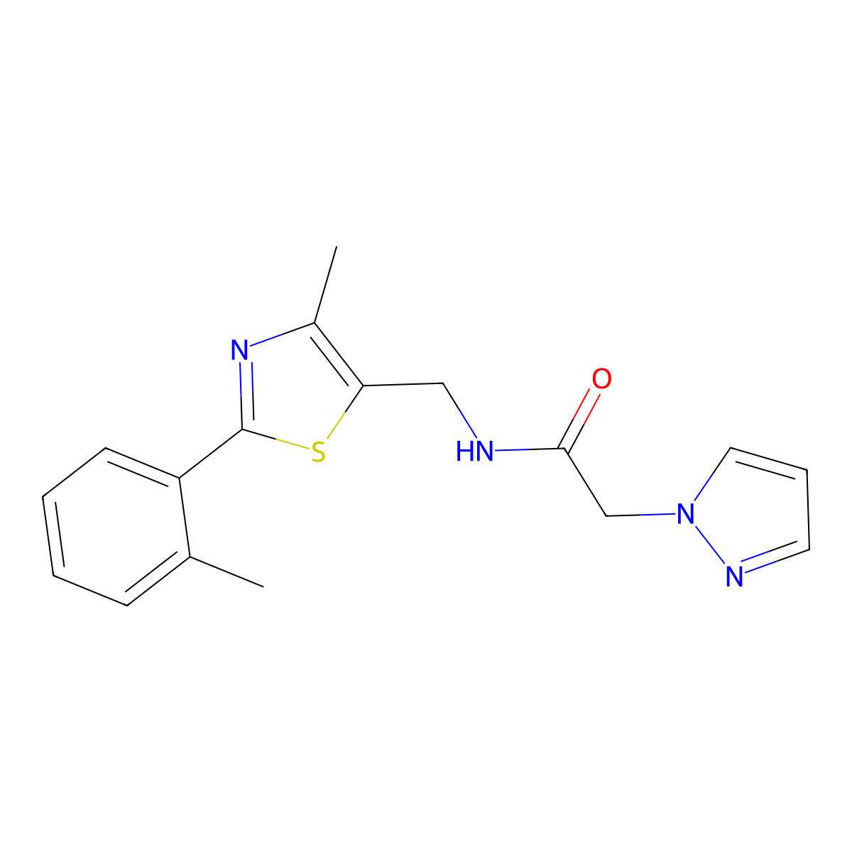 N-((4-methyl-2-(o-tolyl)thiazol-5-yl)methyl)-2-(1H-pyrazol-1-yl)acetamide molecular structure, CAS 1448060-38-5