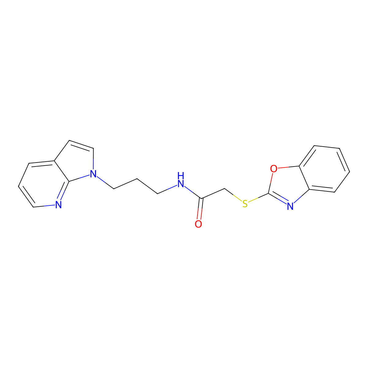 N-(3-(1H-pyrrolo[2,3-b]pyridin-1-yl)propyl)-2-(benzo[d]oxazol-2-ylthio)acetamide molecular structure, CAS 1448060-40-9