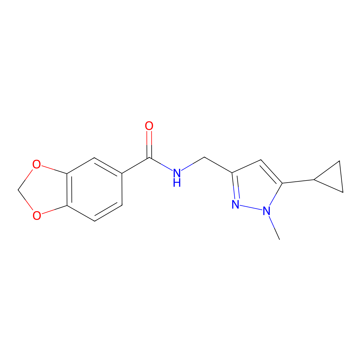N-((5-cyclopropyl-1-methyl-1H-pyrazol-3-yl)methyl)benzo[d][1,3]dioxole-5-carboxamide molecular structure, CAS 1448060-43-2