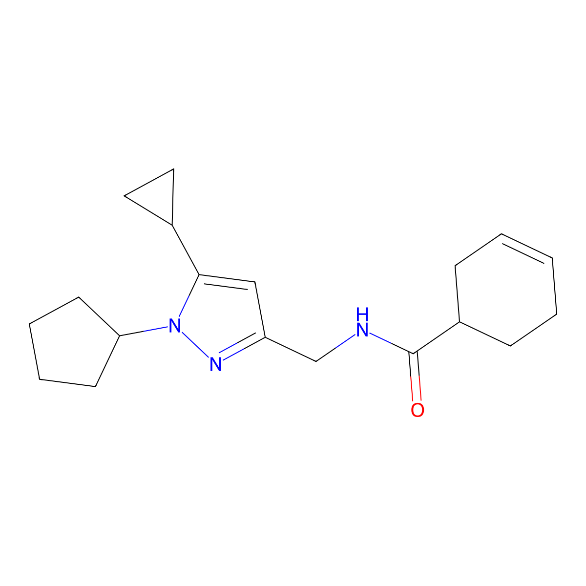 N-[(1-cyclopentyl-5-cyclopropyl-1H-pyrazol-3-yl)methyl]cyclohex-3-ene-1-carboxamide molecular structure, CAS 1448060-69-2