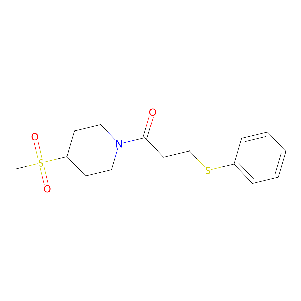 1-(4-(Methylsulfonyl)piperidin-1-yl)-3-(phenylthio)propan-1-one molecular structure, CAS 1448060-70-5