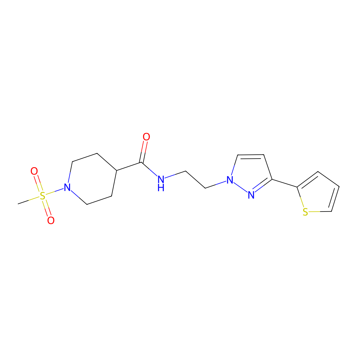 1-(methylsulfonyl)-N-(2-(3-(thiophen-2-yl)-1H-pyrazol-1-yl)ethyl)piperidine-4-carboxamide molecular structure, CAS 1448060-73-8