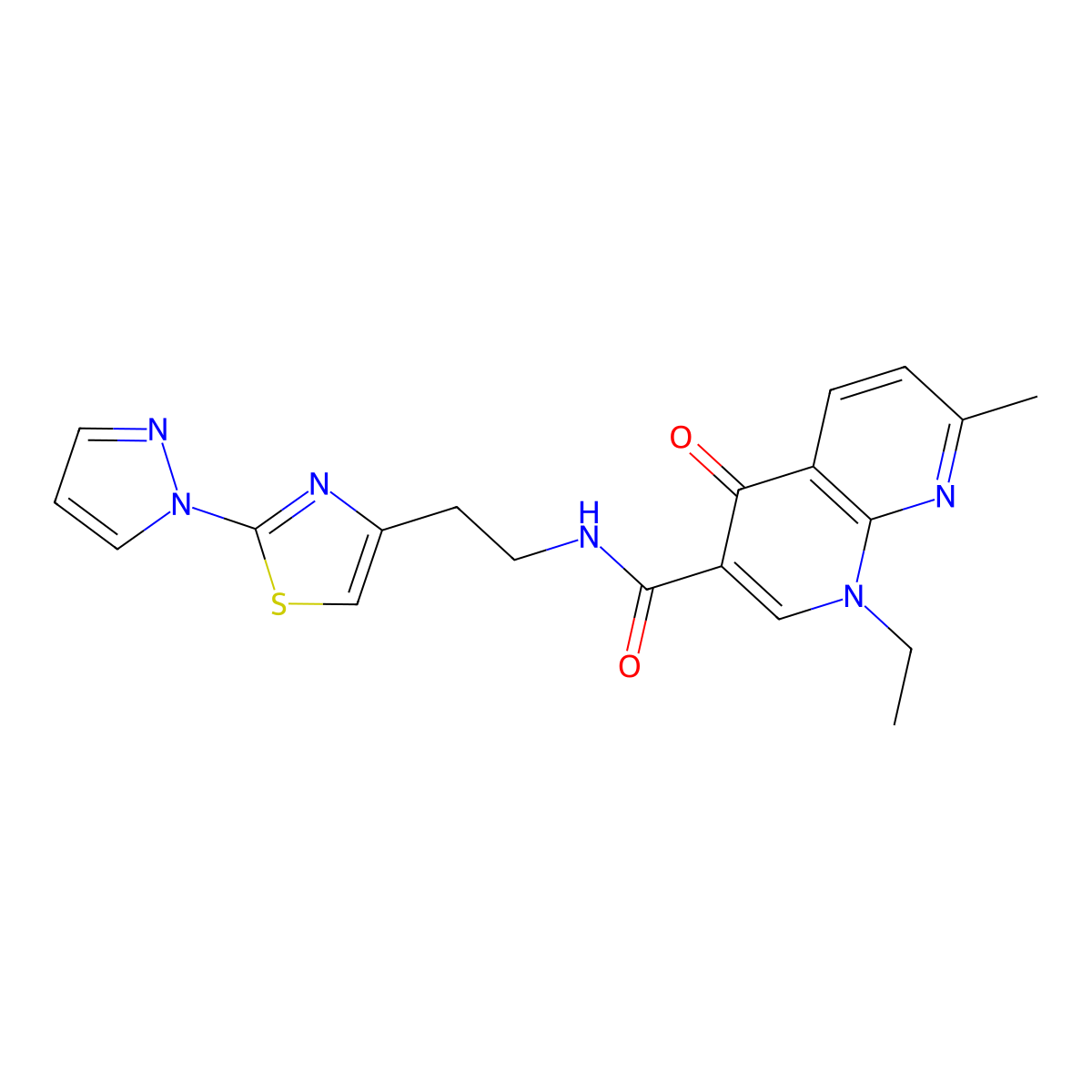 N-(2-(2-(1H-pyrazol-1-yl)thiazol-4-yl)ethyl)-1-ethyl-7-methyl-4-oxo-1,4-dihydro-1,8-naphthyridine-3-carboxamide molecular structure, CAS 1448060-89-6