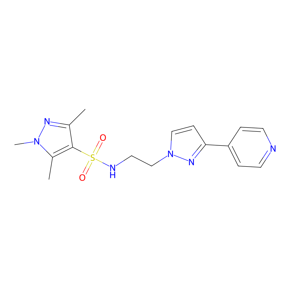 1,3,5-trimethyl-N-(2-(3-(pyridin-4-yl)-1H-pyrazol-1-yl)ethyl)-1H-pyrazole-4-sulfonamide molecular structure, CAS 1448060-94-3