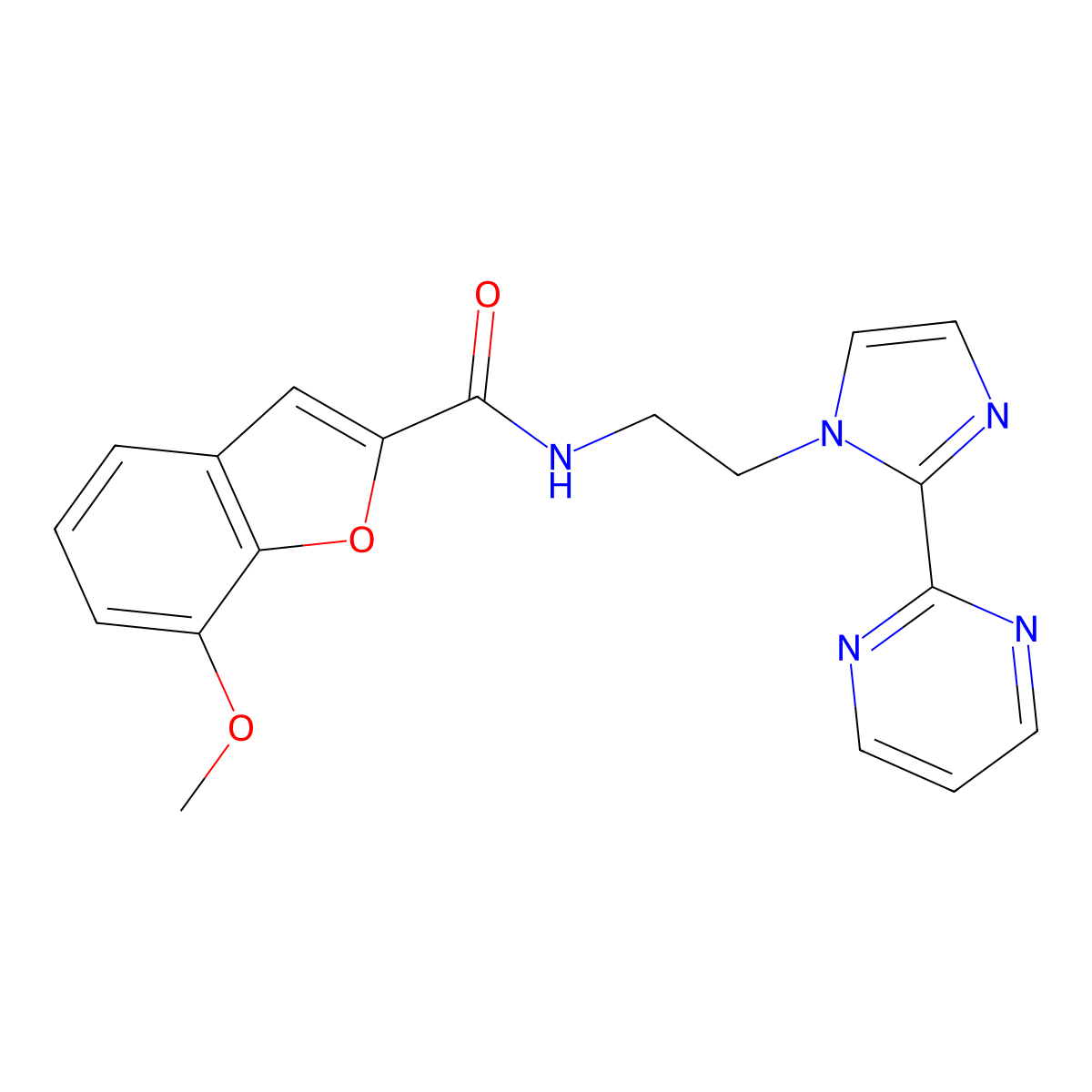 7-methoxy-N-(2-(2-(pyrimidin-2-yl)-1H-imidazol-1-yl)ethyl)benzofuran-2-carboxamide molecular structure, CAS 1448060-97-6