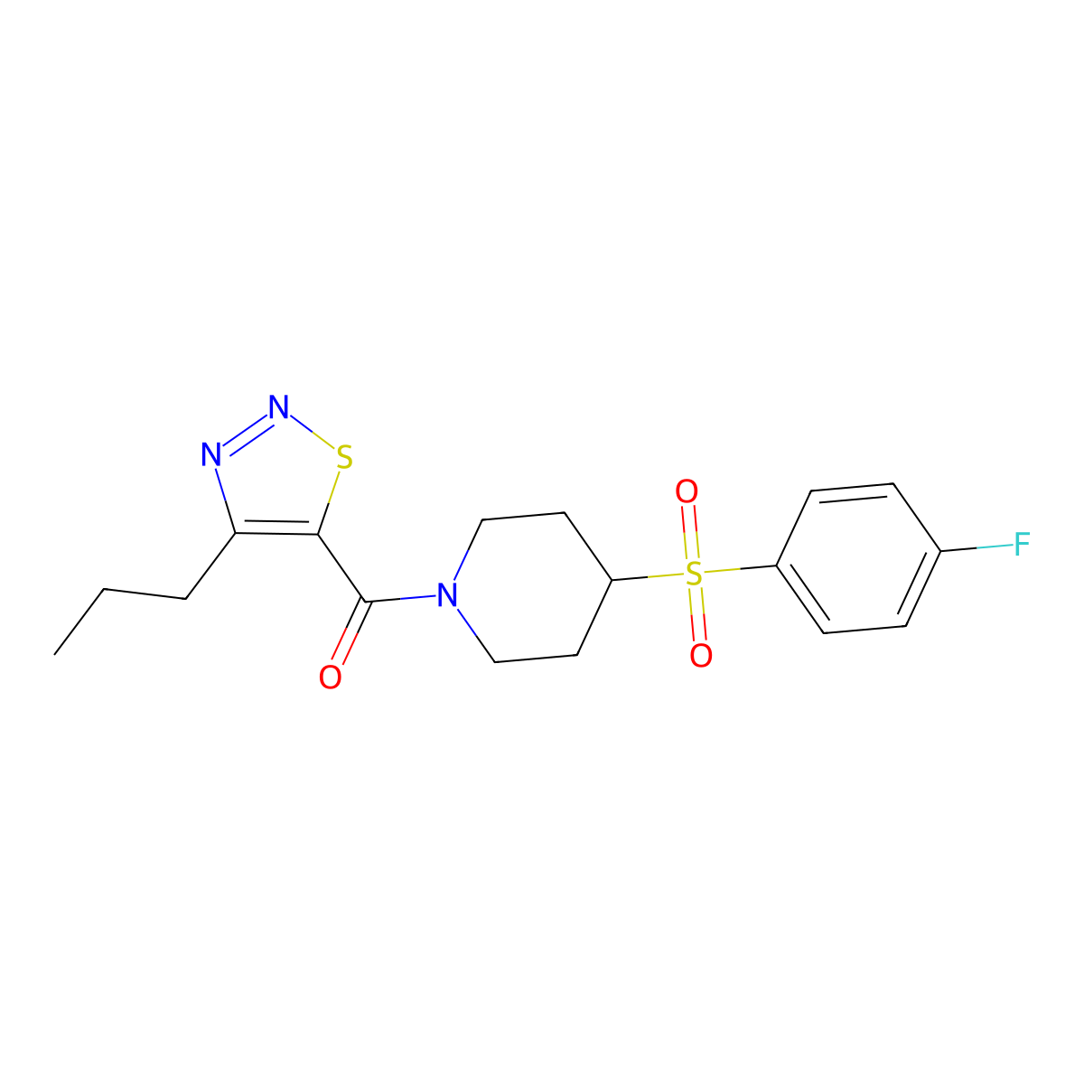 (4-((4-Fluorophenyl)sulfonyl)piperidin-1-yl)(4-propyl-1,2,3-thiadiazol-5-yl)methanone molecular structure, CAS 1448060-98-7