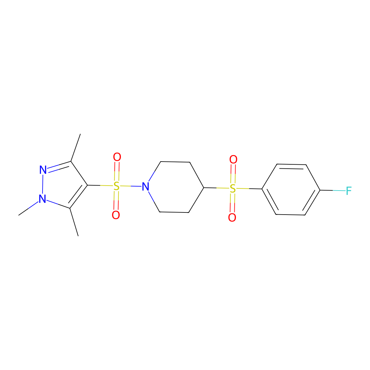 4-((4-fluorophenyl)sulfonyl)-1-((1,3,5-trimethyl-1H-pyrazol-4-yl)sulfonyl)piperidine molecular structure, CAS 1448061-14-0
