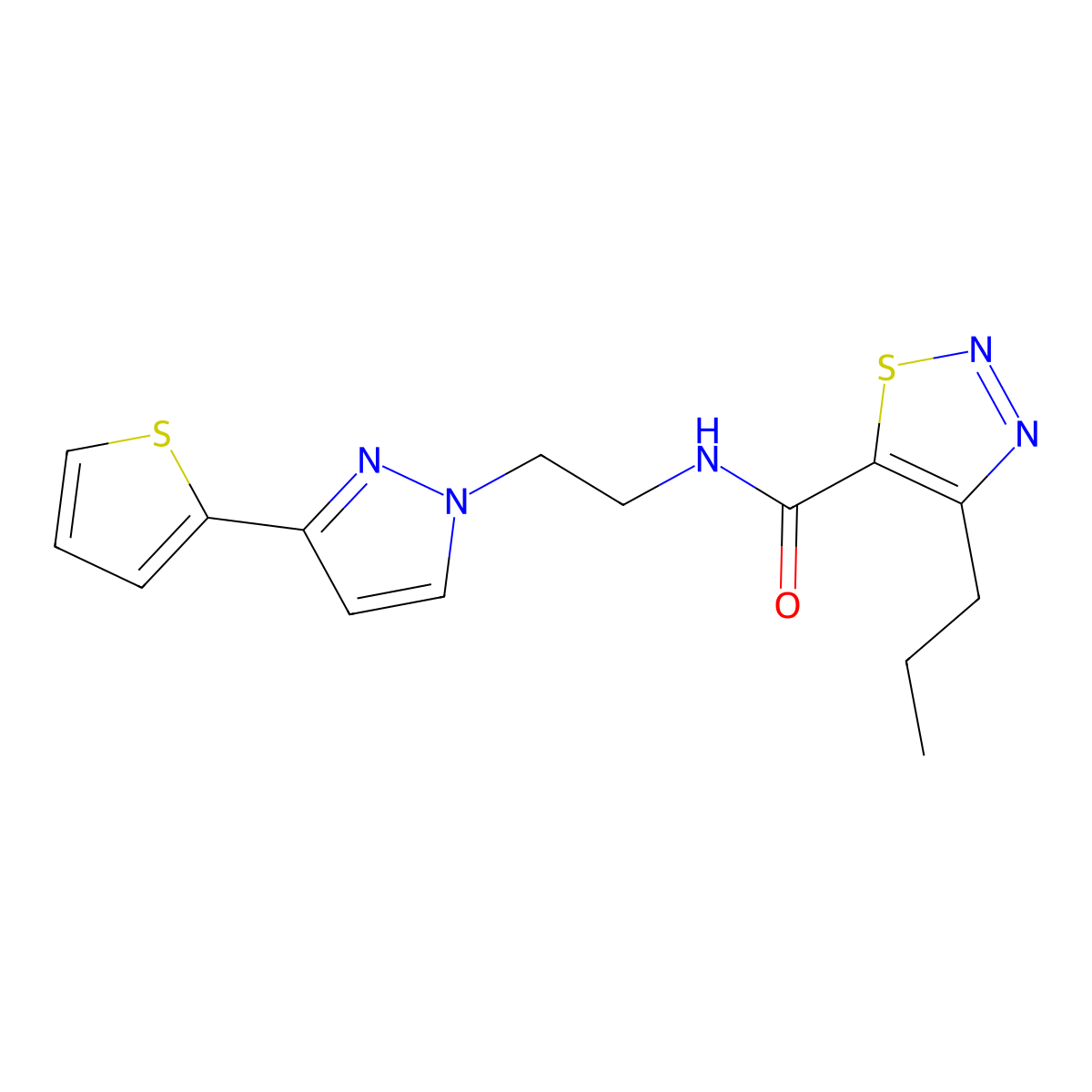4-propyl-N-(2-(3-(thiophen-2-yl)-1H-pyrazol-1-yl)ethyl)-1,2,3-thiadiazole-5-carboxamide molecular structure, CAS 1448061-22-0