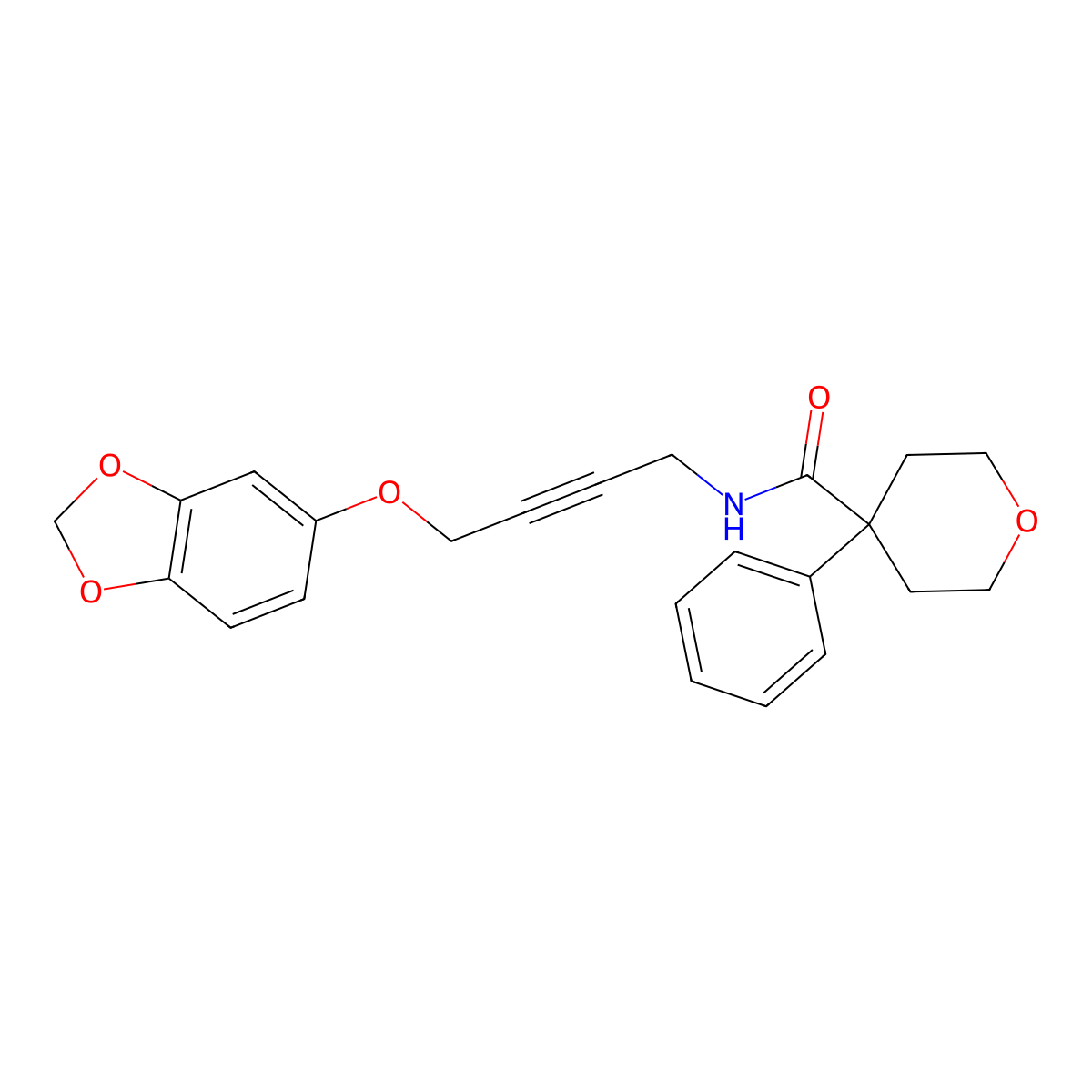 N-(4-(benzo[d][1,3]dioxol-5-yloxy)but-2-yn-1-yl)-4-phenyltetrahydro-2H-pyran-4-carboxamide molecular structure, CAS 1448061-25-3