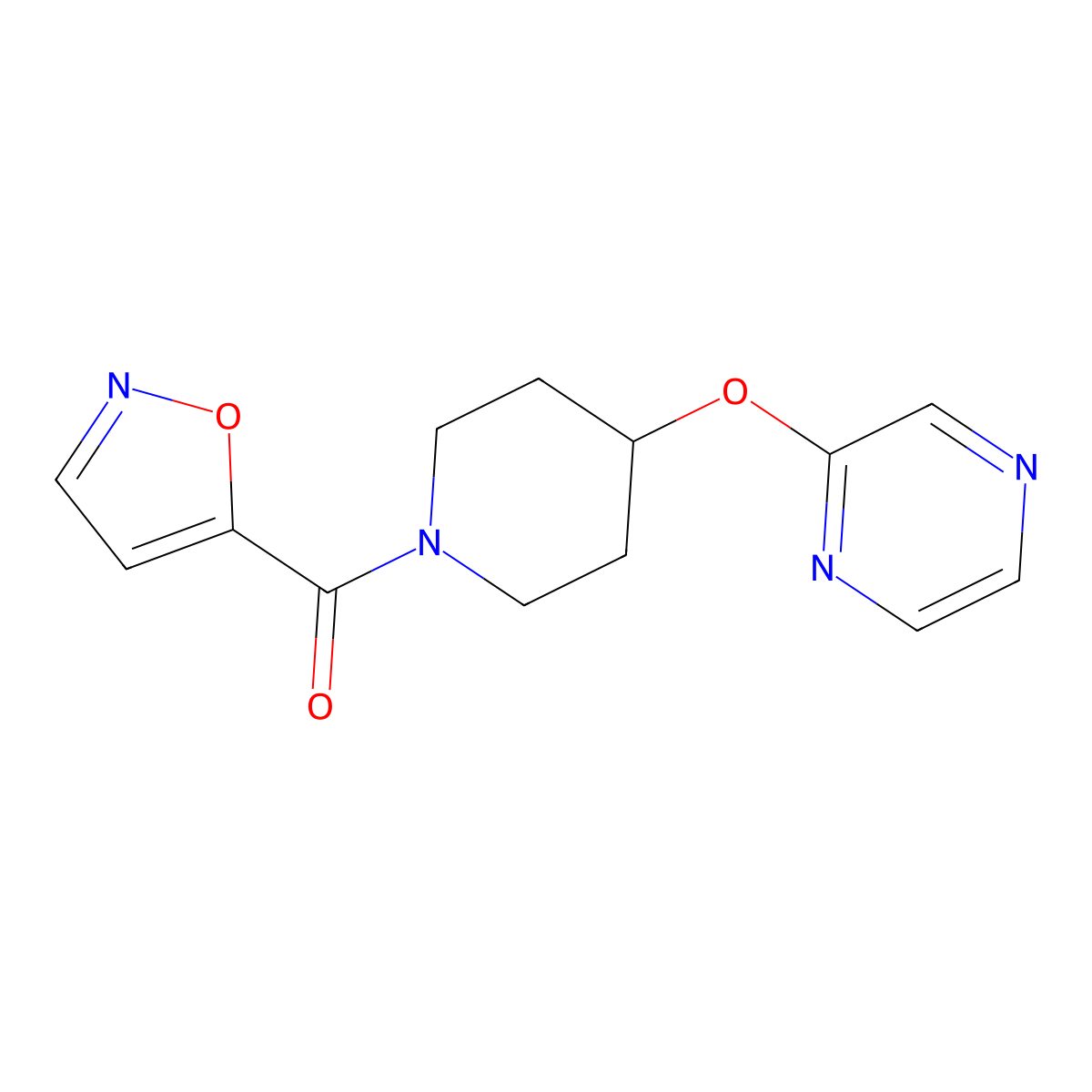 Isoxazol-5-yl(4-(pyrazin-2-yloxy)piperidin-1-yl)methanone molecular structure, CAS 1448061-28-6