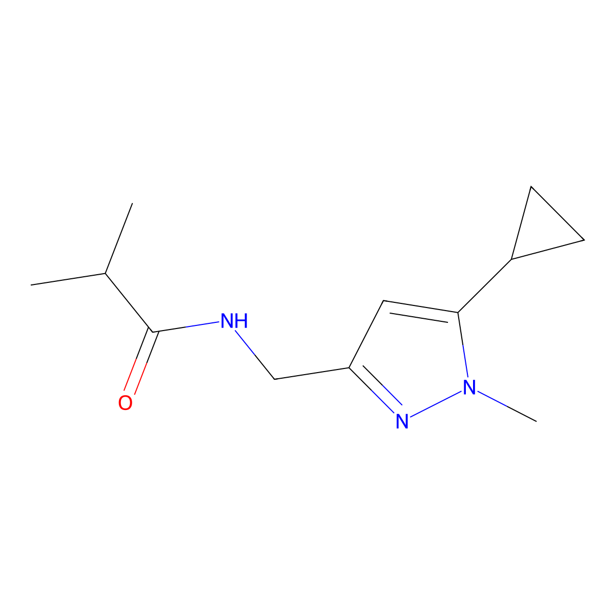 N-((5-cyclopropyl-1-methyl-1H-pyrazol-3-yl)methyl)isobutyramide molecular structure, CAS 1448061-30-0
