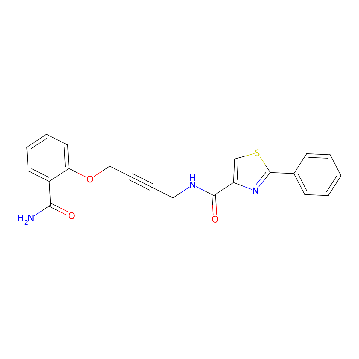 N-(4-(2-carbamoylphenoxy)but-2-yn-1-yl)-2-phenylthiazole-4-carboxamide molecular structure, CAS 1448061-31-1