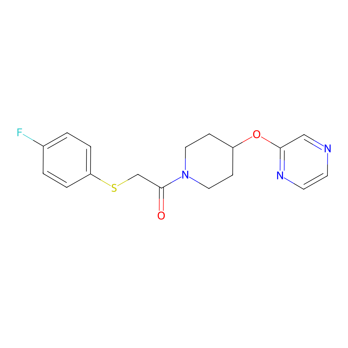 2-((4-Fluorophenyl)thio)-1-(4-(pyrazin-2-yloxy)piperidin-1-yl)ethanone molecular structure, CAS 1448061-32-2