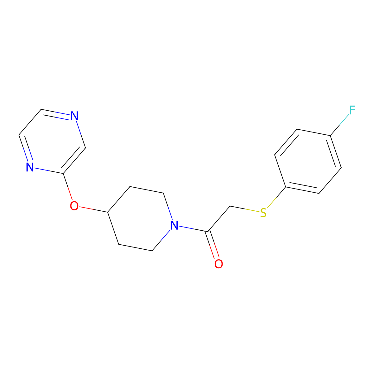2-((4-Fluorophenyl)thio)-1-(4-(pyrazin-2-yloxy)piperidin-1-yl)ethanone molecular structure, CAS 1448061-32-2