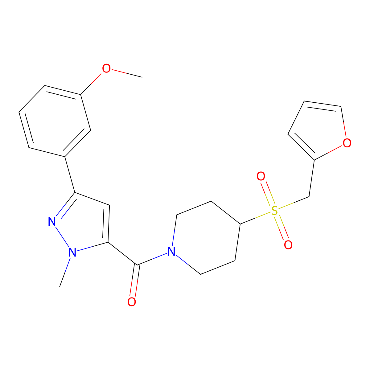 (4-((furan-2-ylmethyl)sulfonyl)piperidin-1-yl)(3-(3-methoxyphenyl)-1-methyl-1H-pyrazol-5-yl)methanone molecular structure, CAS 1448062-63-2