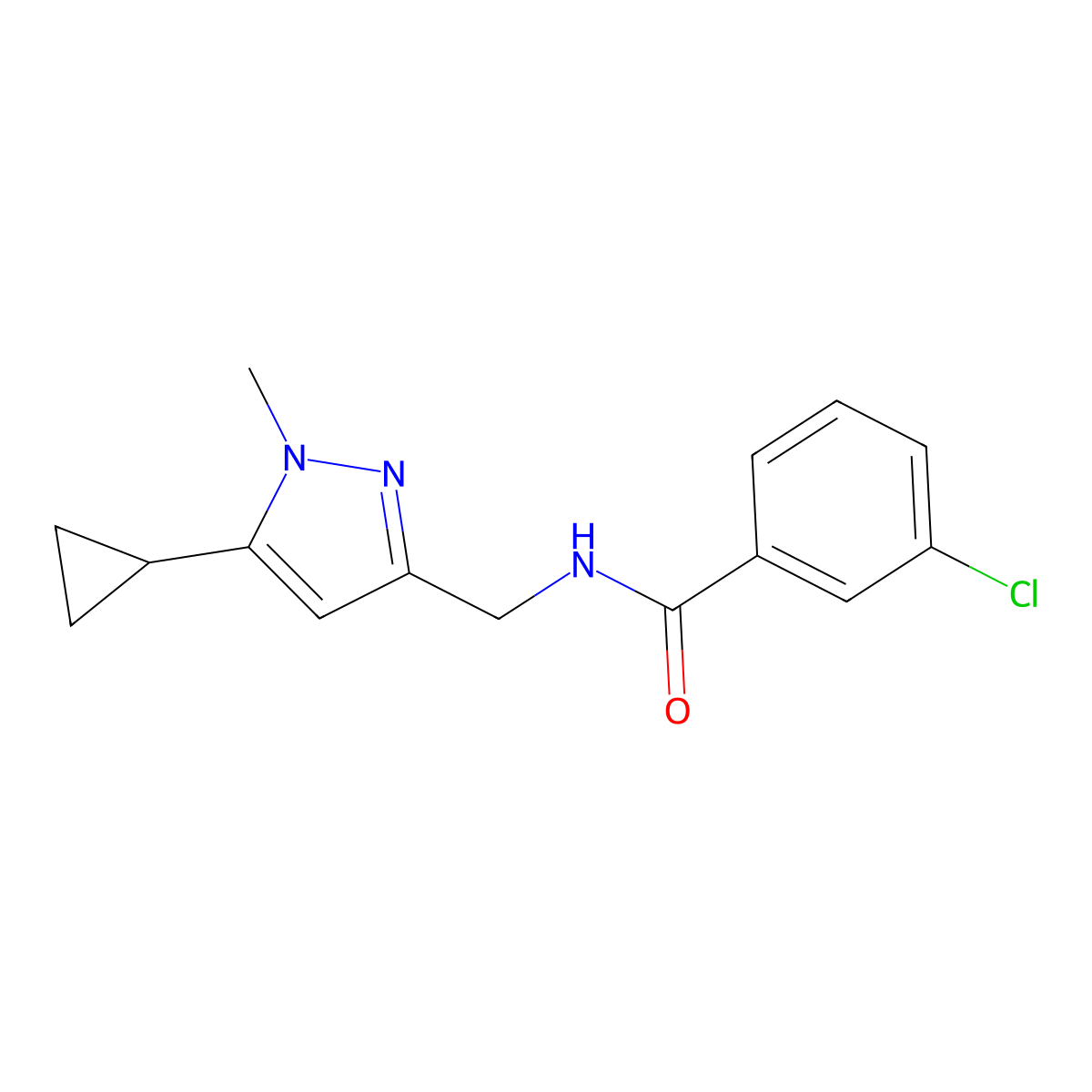 3-chloro-N-((5-cyclopropyl-1-methyl-1H-pyrazol-3-yl)methyl)benzamide molecular structure, CAS 1448062-67-6