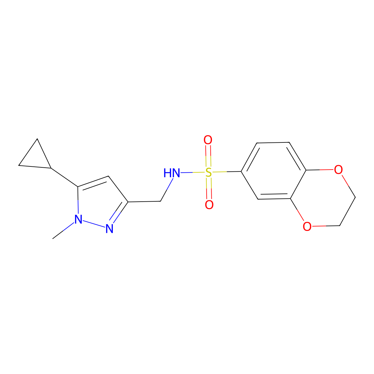 N-((5-cyclopropyl-1-methyl-1H-pyrazol-3-yl)methyl)-2,3-dihydrobenzo[b][1,4]dioxine-6-sulfonamide molecular structure, CAS 1448062-84-7
