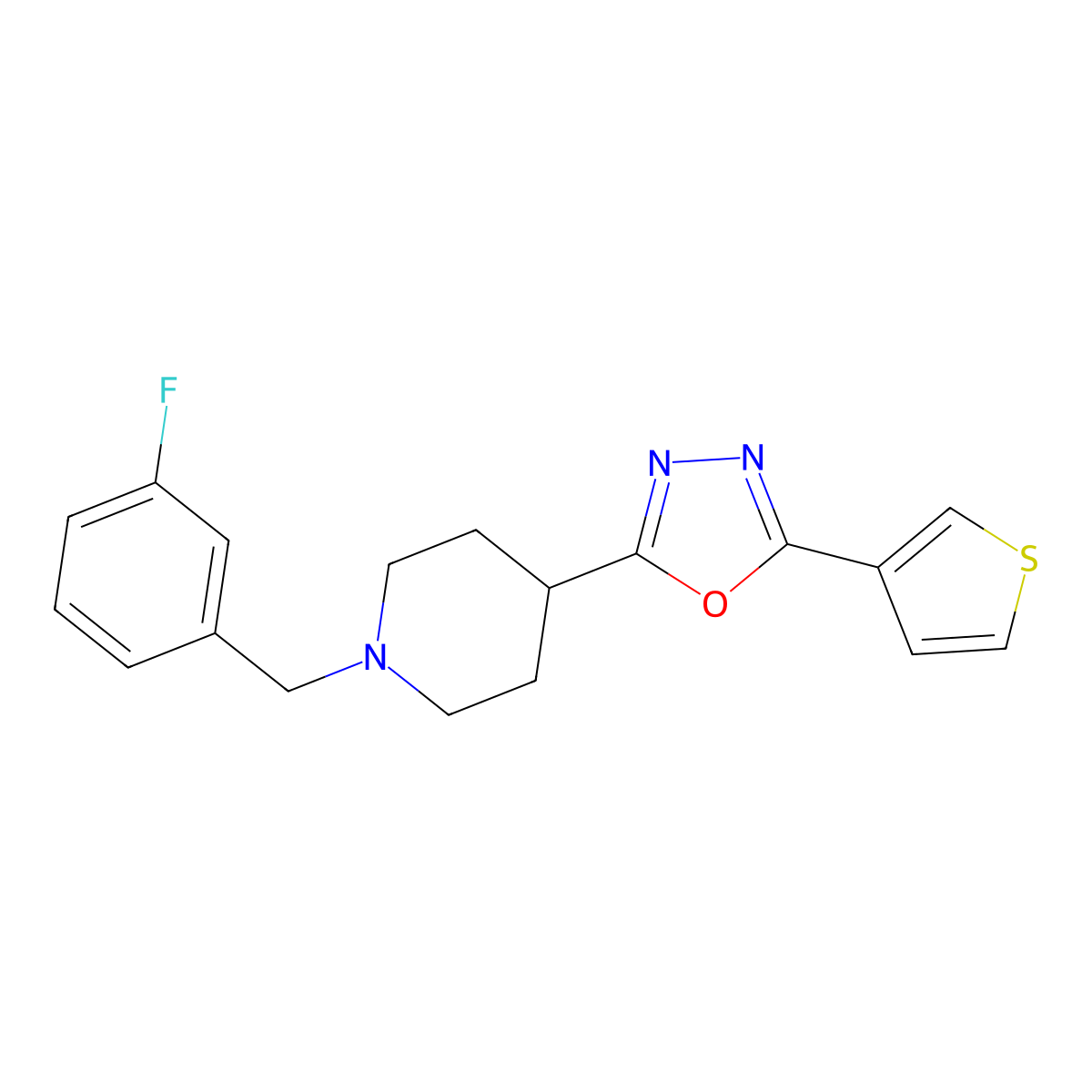 2-(1-(3-Fluorobenzyl)piperidin-4-yl)-5-(thiophen-3-yl)-1,3,4-oxadiazole molecular structure, CAS 1448062-88-1