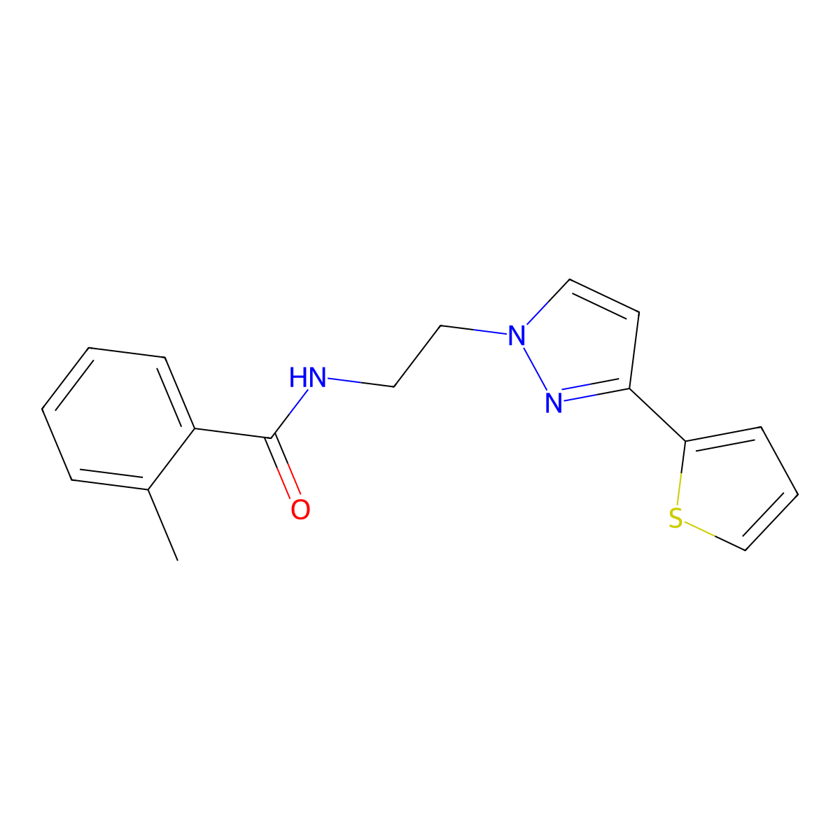 2-methyl-N-(2-(3-(thiophen-2-yl)-1H-pyrazol-1-yl)ethyl)benzamide molecular structure, CAS 1448062-89-2