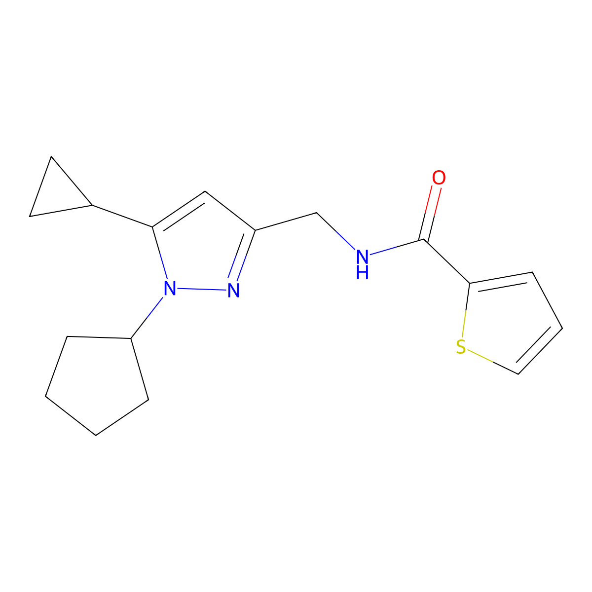 N-((1-cyclopentyl-5-cyclopropyl-1H-pyrazol-3-yl)methyl)thiophene-2-carboxamide molecular structure, CAS 1448062-90-5