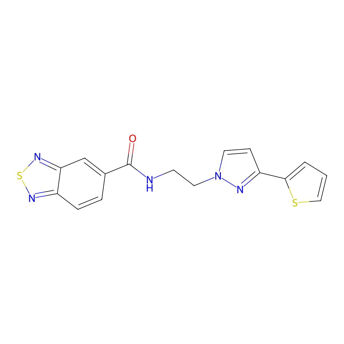 N-(2-(3-(thiophen-2-yl)-1H-pyrazol-1-yl)ethyl)benzo[c][1,2,5]thiadiazole-5-carboxamide molecular structure, CAS 1448062-95-0