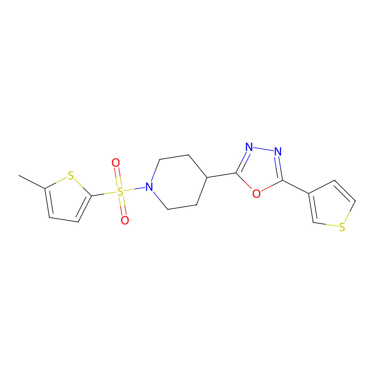 2-(1-((5-Methylthiophen-2-yl)sulfonyl)piperidin-4-yl)-5-(thiophen-3-yl)-1,3,4-oxadiazole molecular structure, CAS 1448063-01-1