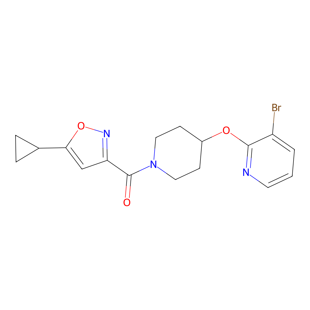 (4-((3-Bromopyridin-2-yl)oxy)piperidin-1-yl)(5-cyclopropylisoxazol-3-yl)methanone molecular structure, CAS 1448063-03-3