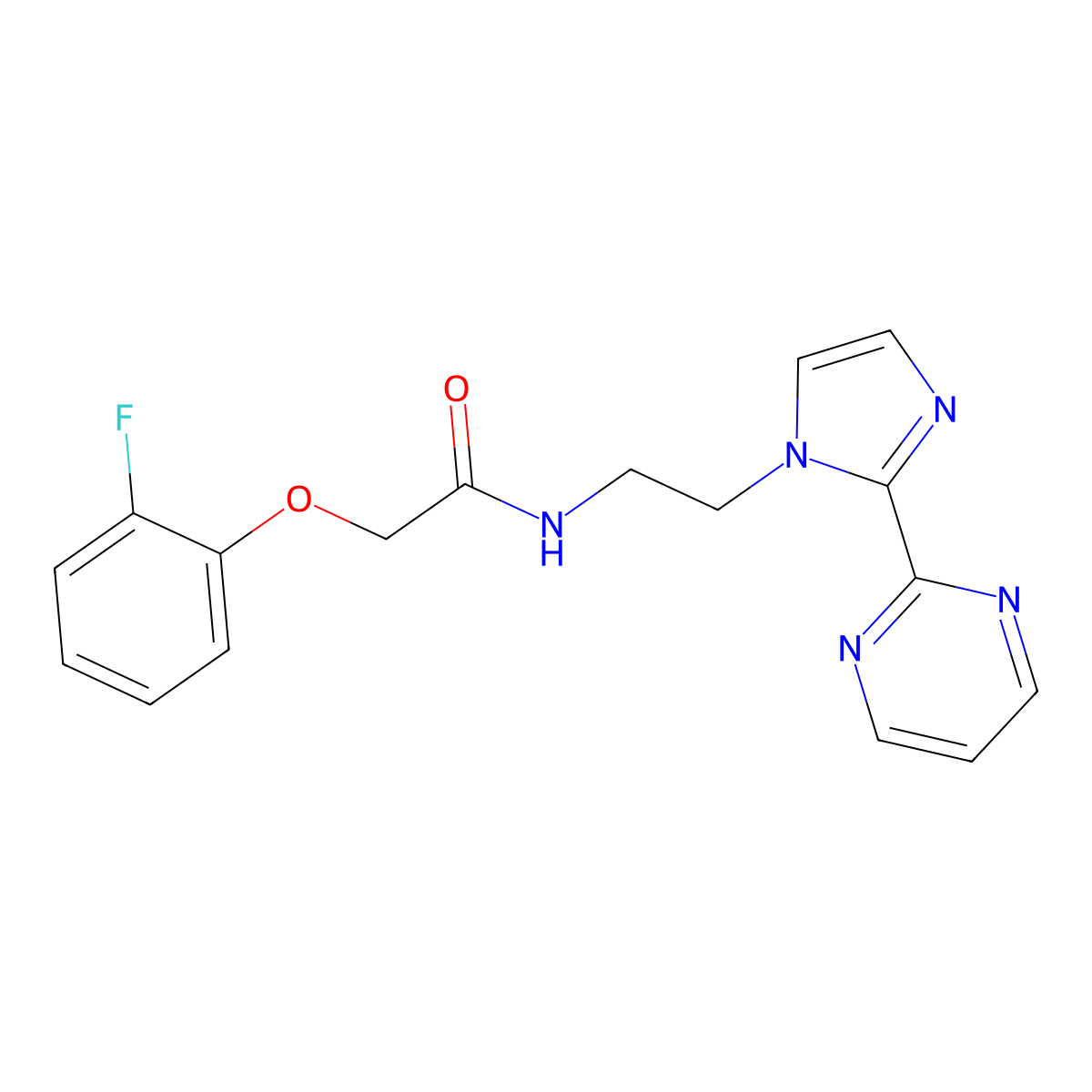 2-(2-fluorophenoxy)-N-(2-(2-(pyrimidin-2-yl)-1H-imidazol-1-yl)ethyl)acetamide molecular structure, CAS 1448063-06-6