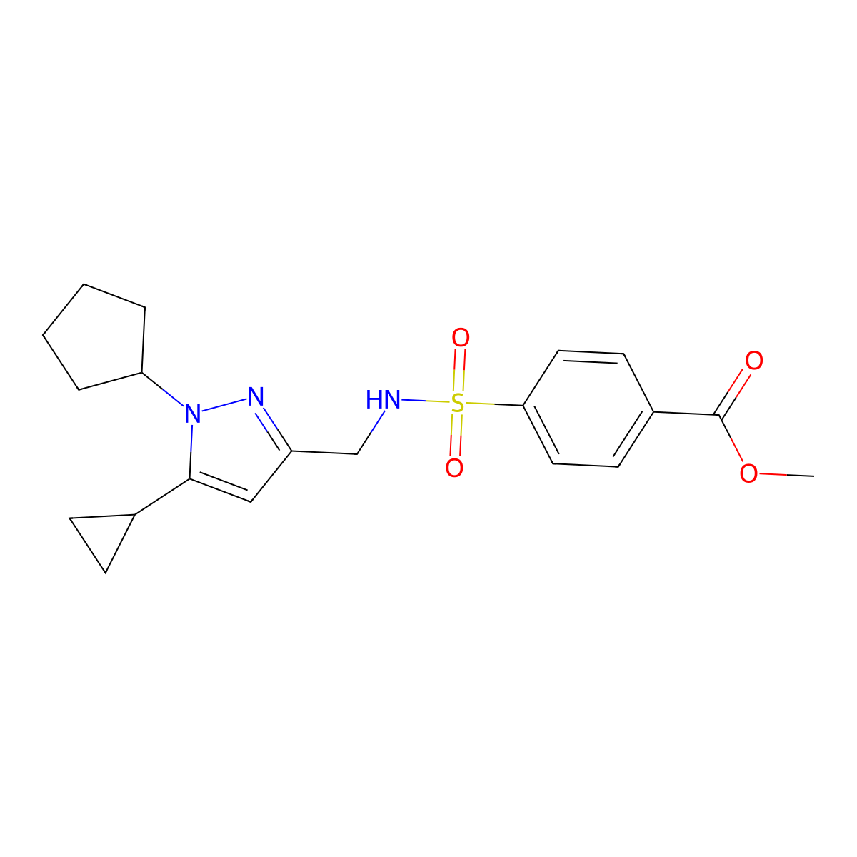 methyl 4-(N-((1-cyclopentyl-5-cyclopropyl-1H-pyrazol-3-yl)methyl)sulfamoyl)benzoate molecular structure, CAS 1448063-09-9