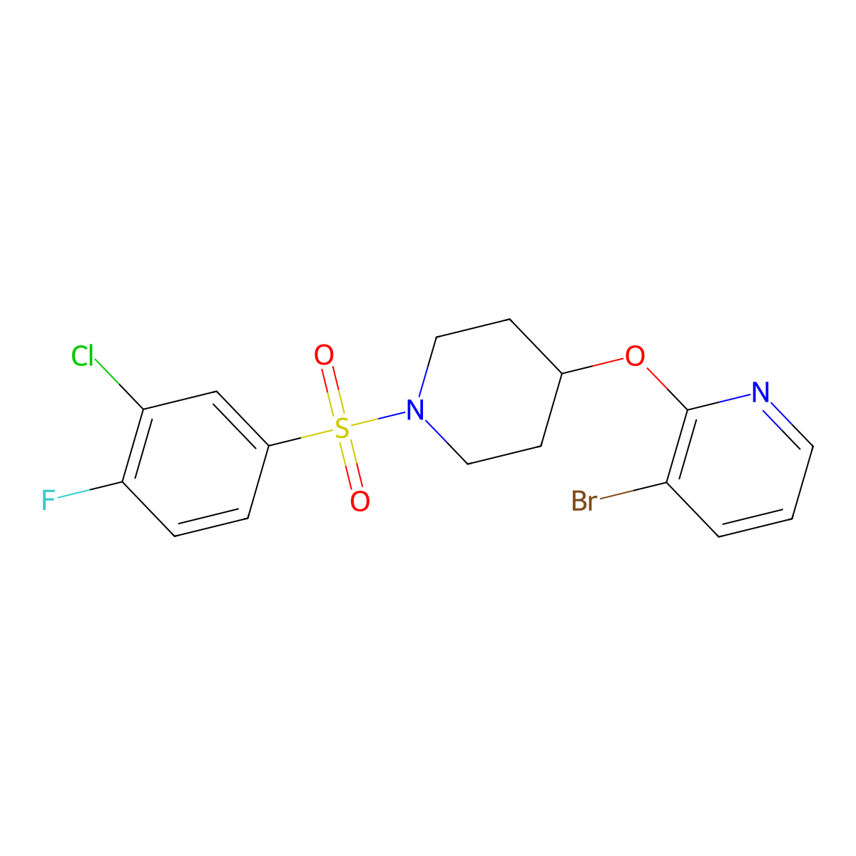 3-Bromo-2-((1-((3-chloro-4-fluorophenyl)sulfonyl)piperidin-4-yl)oxy)pyridine molecular structure, CAS 1448063-11-3