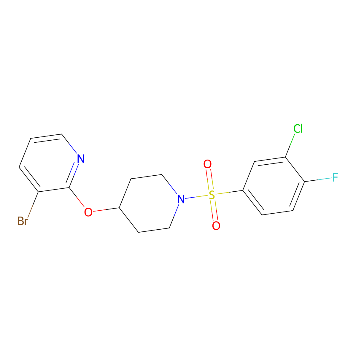3-Bromo-2-((1-((3-chloro-4-fluorophenyl)sulfonyl)piperidin-4-yl)oxy)pyridine molecular structure, CAS 1448063-11-3