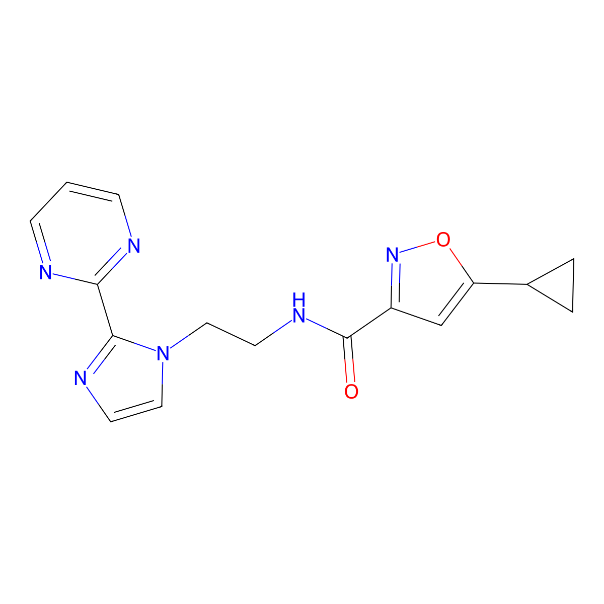 5-cyclopropyl-N-(2-(2-(pyrimidin-2-yl)-1H-imidazol-1-yl)ethyl)isoxazole-3-carboxamide molecular structure, CAS 1448063-13-5