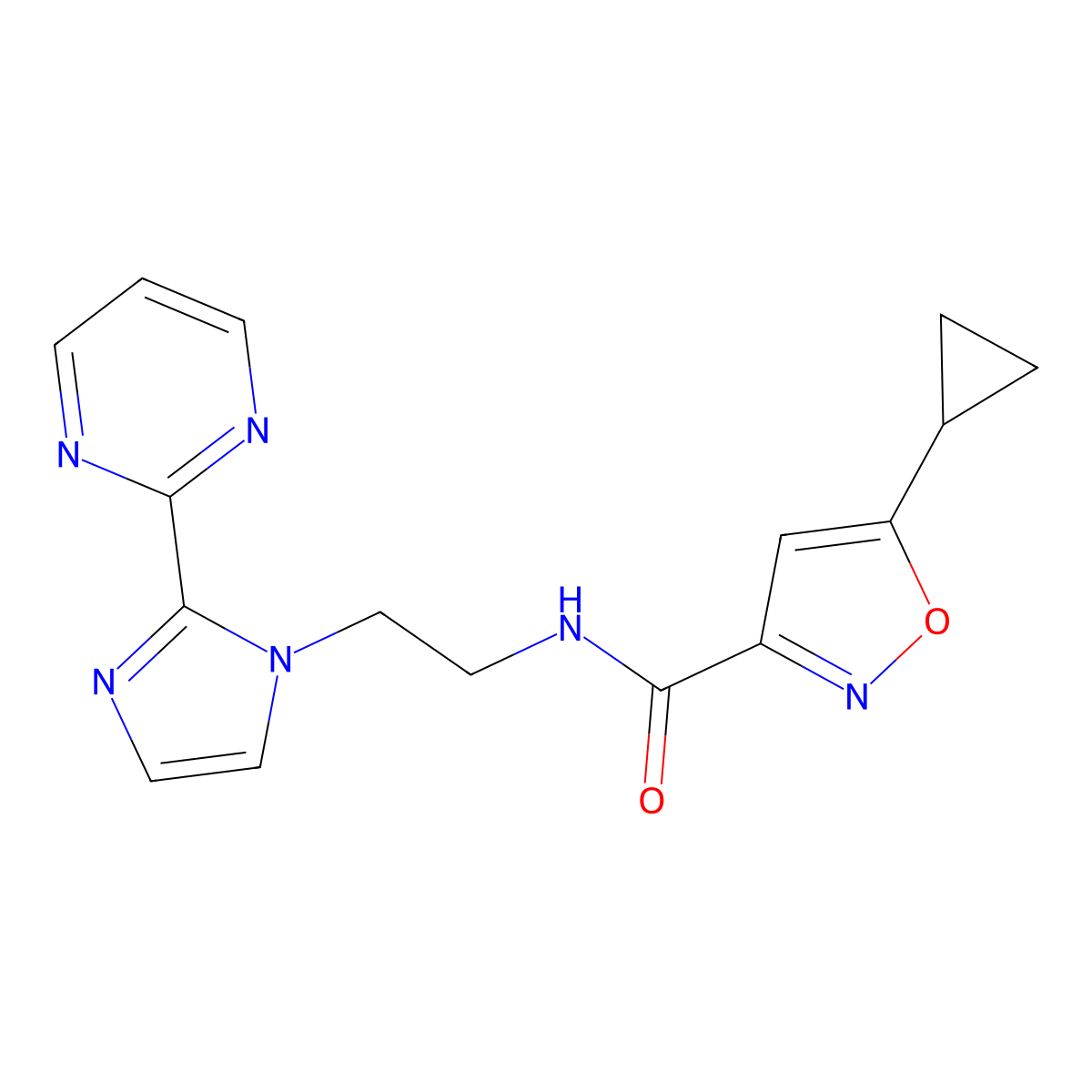 5-cyclopropyl-N-(2-(2-(pyrimidin-2-yl)-1H-imidazol-1-yl)ethyl)isoxazole-3-carboxamide molecular structure, CAS 1448063-13-5