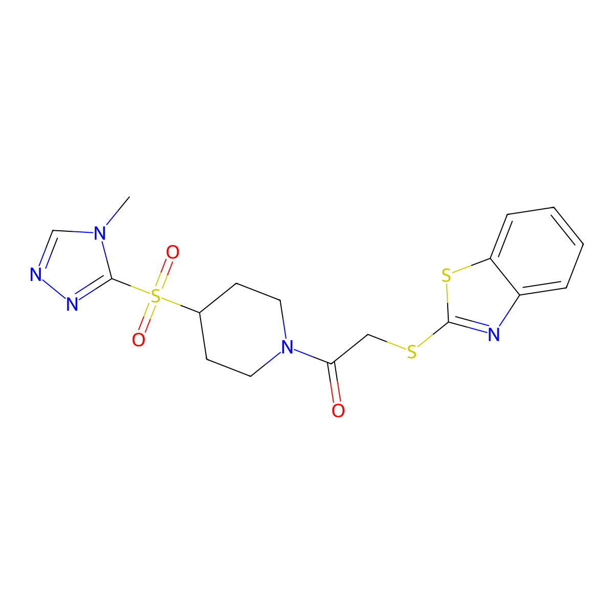 2-(benzo[d]thiazol-2-ylthio)-1-(4-((4-methyl-4H-1,2,4-triazol-3-yl)sulfonyl)piperidin-1-yl)ethanone molecular structure, CAS 1448063-17-9