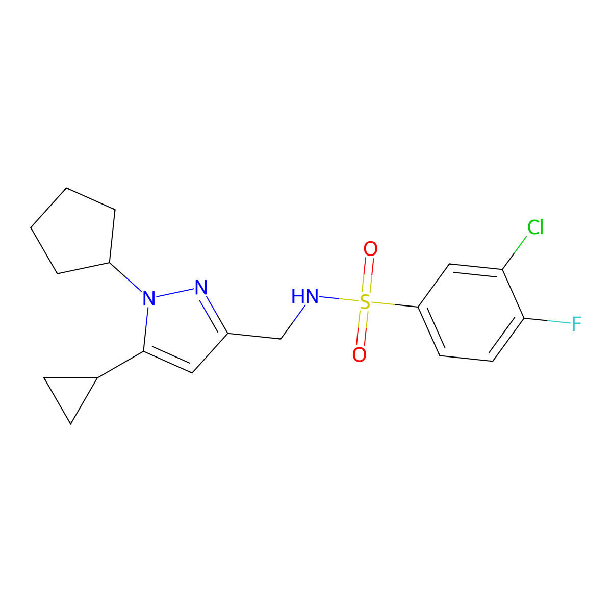 3-chloro-N-((1-cyclopentyl-5-cyclopropyl-1H-pyrazol-3-yl)methyl)-4-fluorobenzenesulfonamide molecular structure, CAS 1448063-25-9