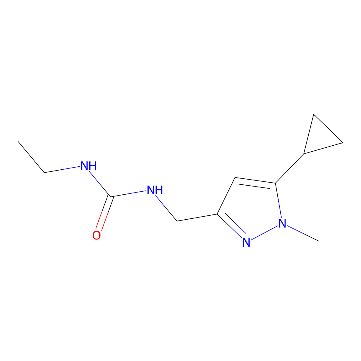 1-((5-cyclopropyl-1-methyl-1H-pyrazol-3-yl)methyl)-3-ethylurea molecular structure, CAS 1448063-39-5