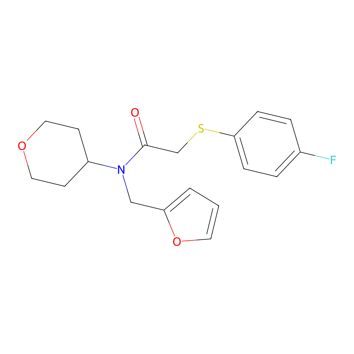 2-((4-fluorophenyl)thio)-N-(furan-2-ylmethyl)-N-(tetrahydro-2H-pyran-4-yl)acetamide molecular structure, CAS 1448063-49-7
