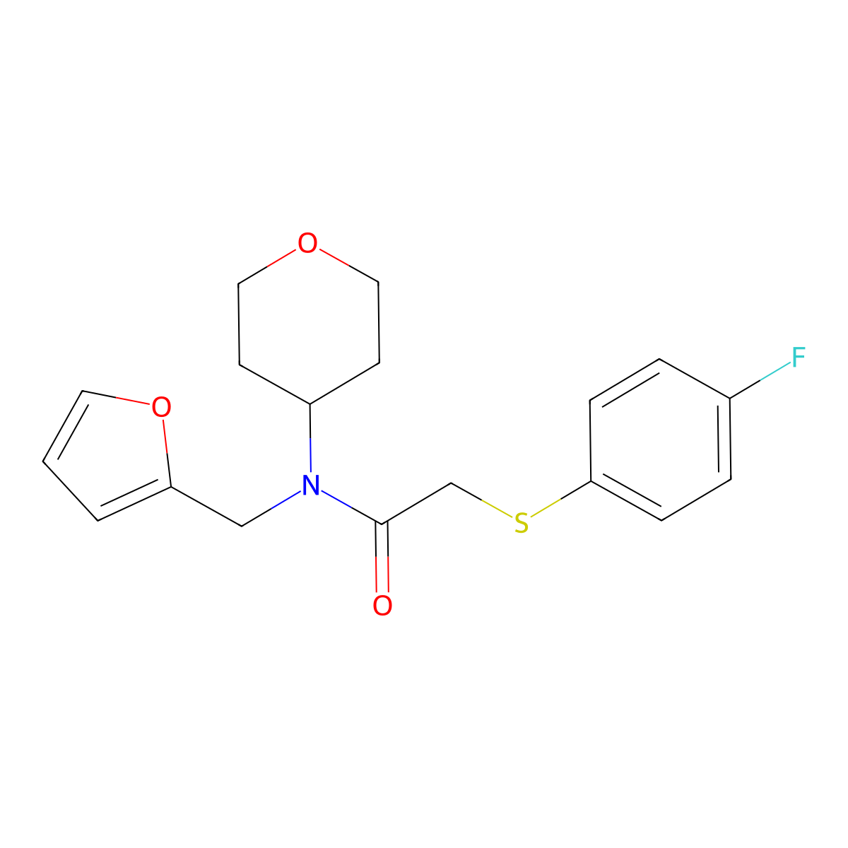 2-((4-fluorophenyl)thio)-N-(furan-2-ylmethyl)-N-(tetrahydro-2H-pyran-4-yl)acetamide molecular structure, CAS 1448063-49-7