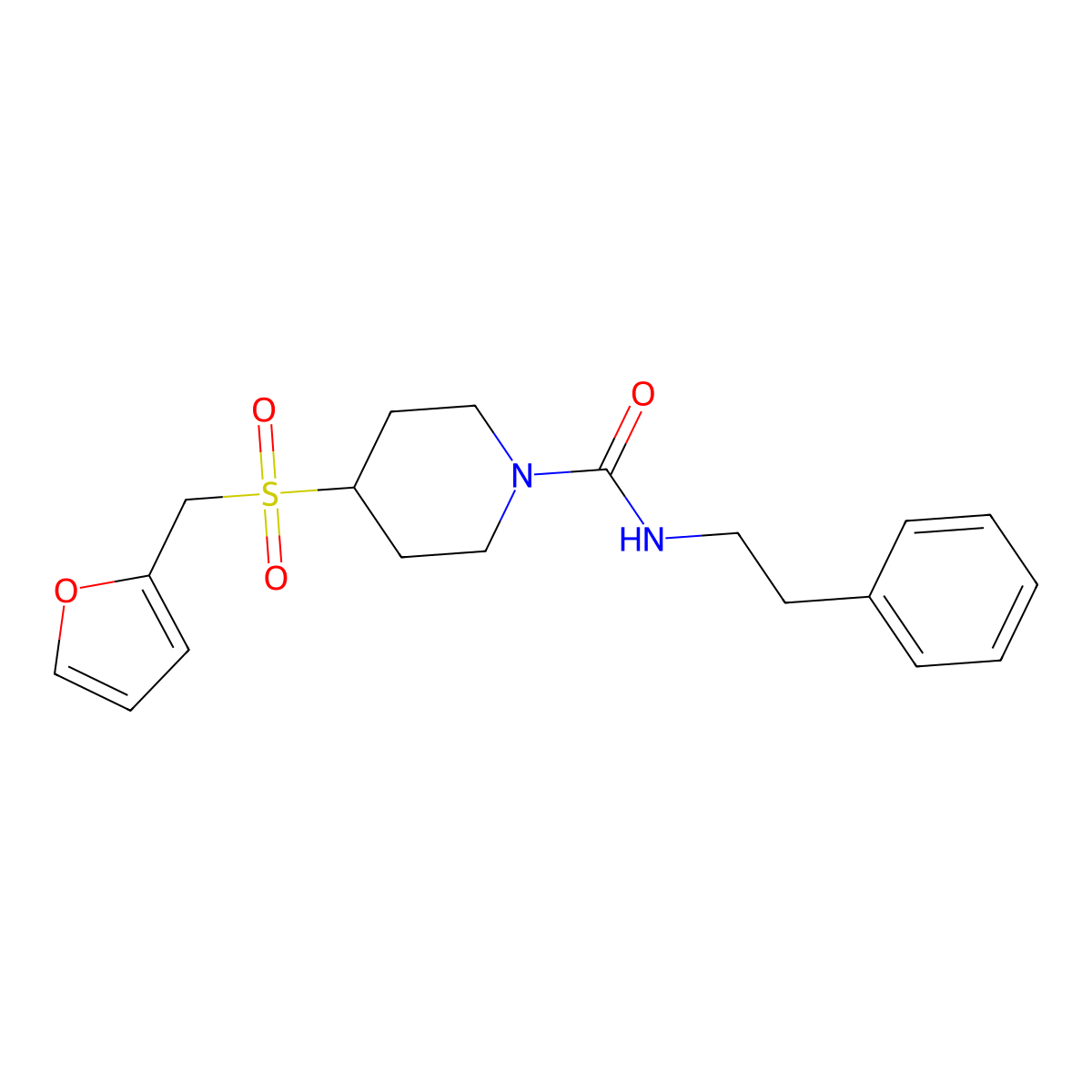4-((furan-2-ylmethyl)sulfonyl)-N-phenethylpiperidine-1-carboxamide molecular structure, CAS 1448063-52-2